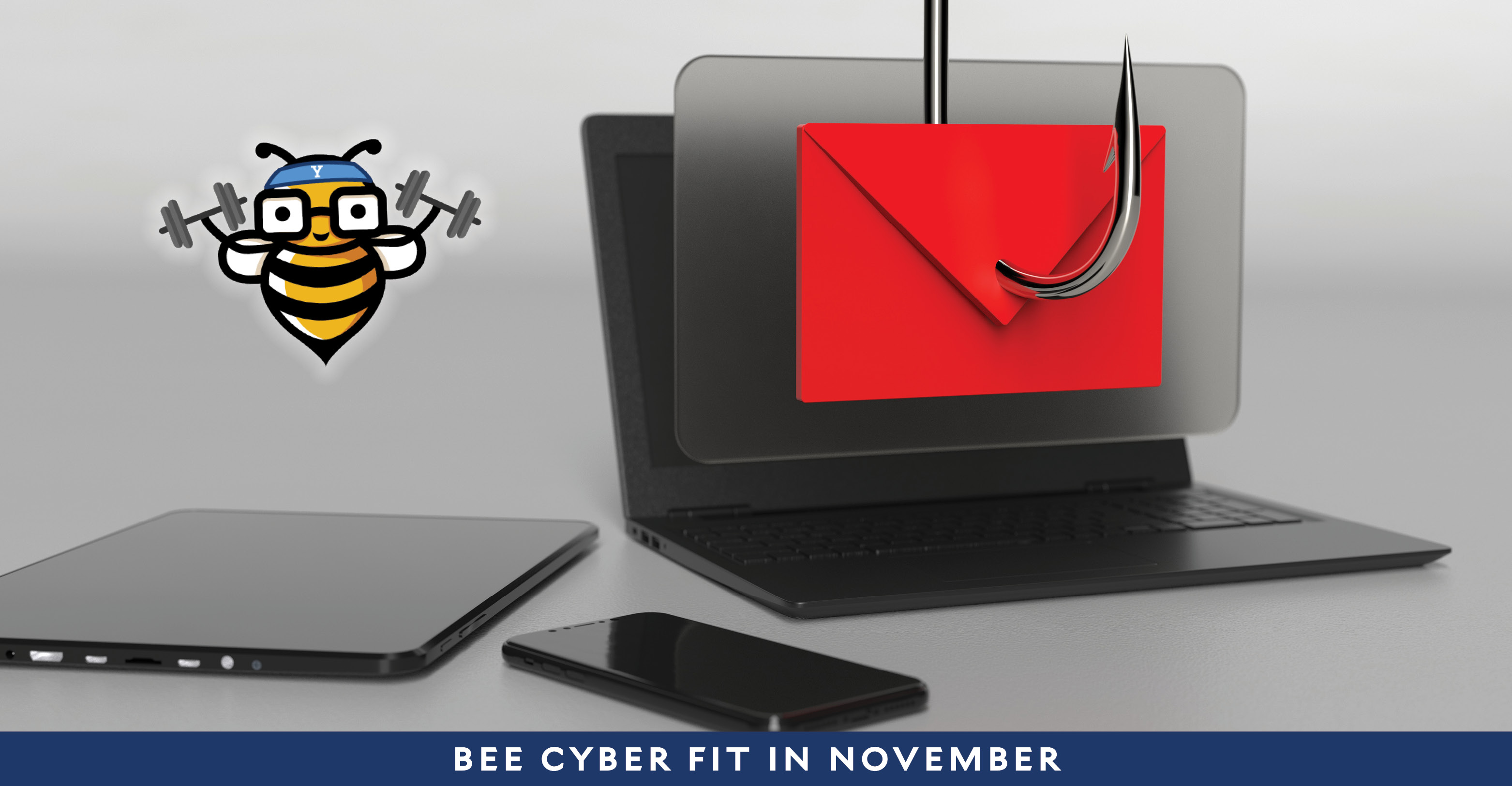 Bee Cyber Fit in November: Electronic devices and a representation of an envelope pierced by a hook