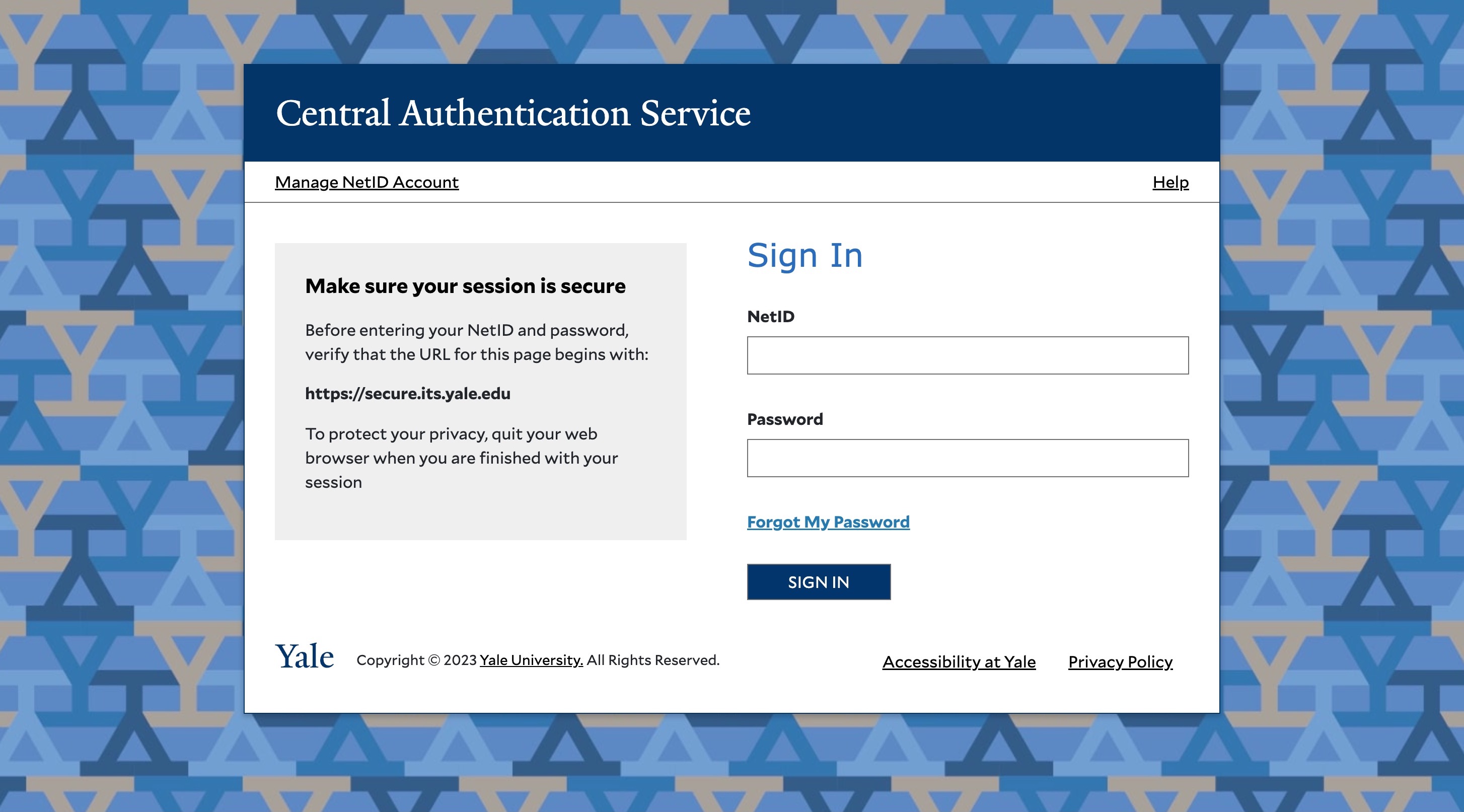 Yale's CAS login page