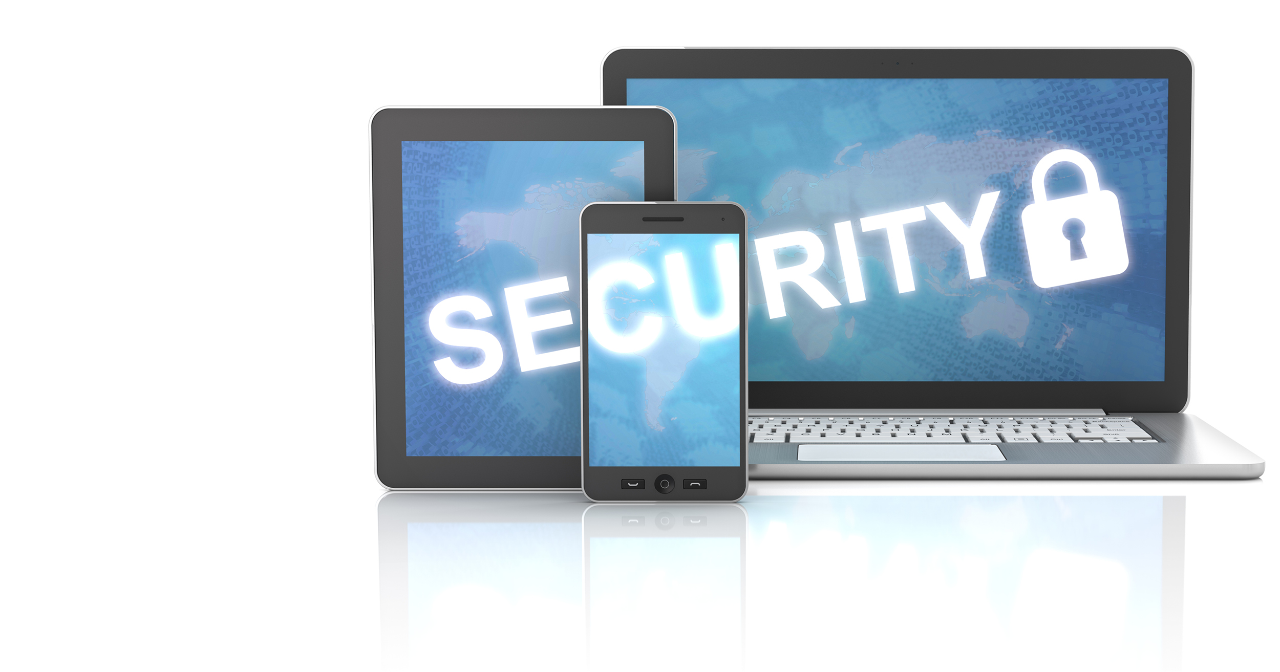 Laptop, smartphone, and tablet with "security" transposed across all three