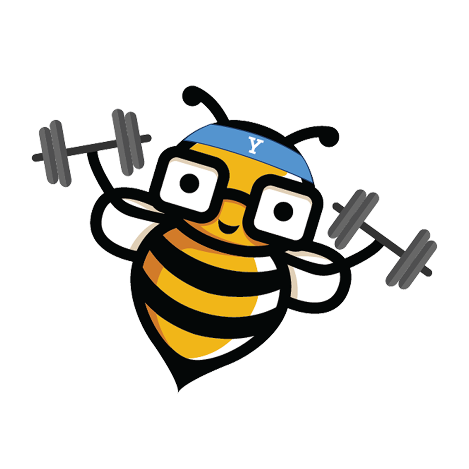 Boola the Cyber Bee: Cartoon bee with square glasses, headband with the Yale &quot;Y&quot;, and holding two dumbbells
