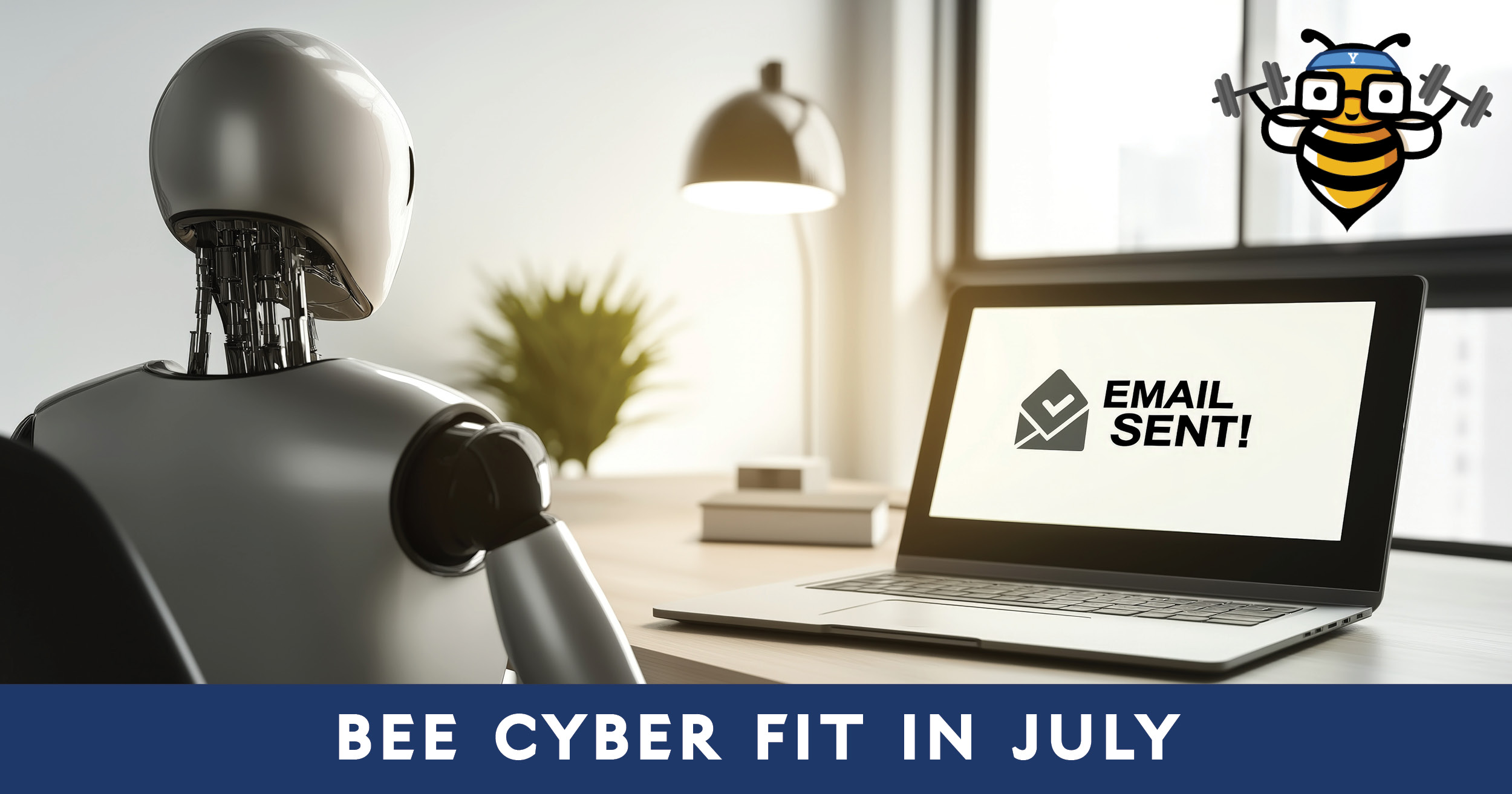 Bee Cyber Fit in July: A robot sitting at a desk with laptop that reads "Email Sent" on screen