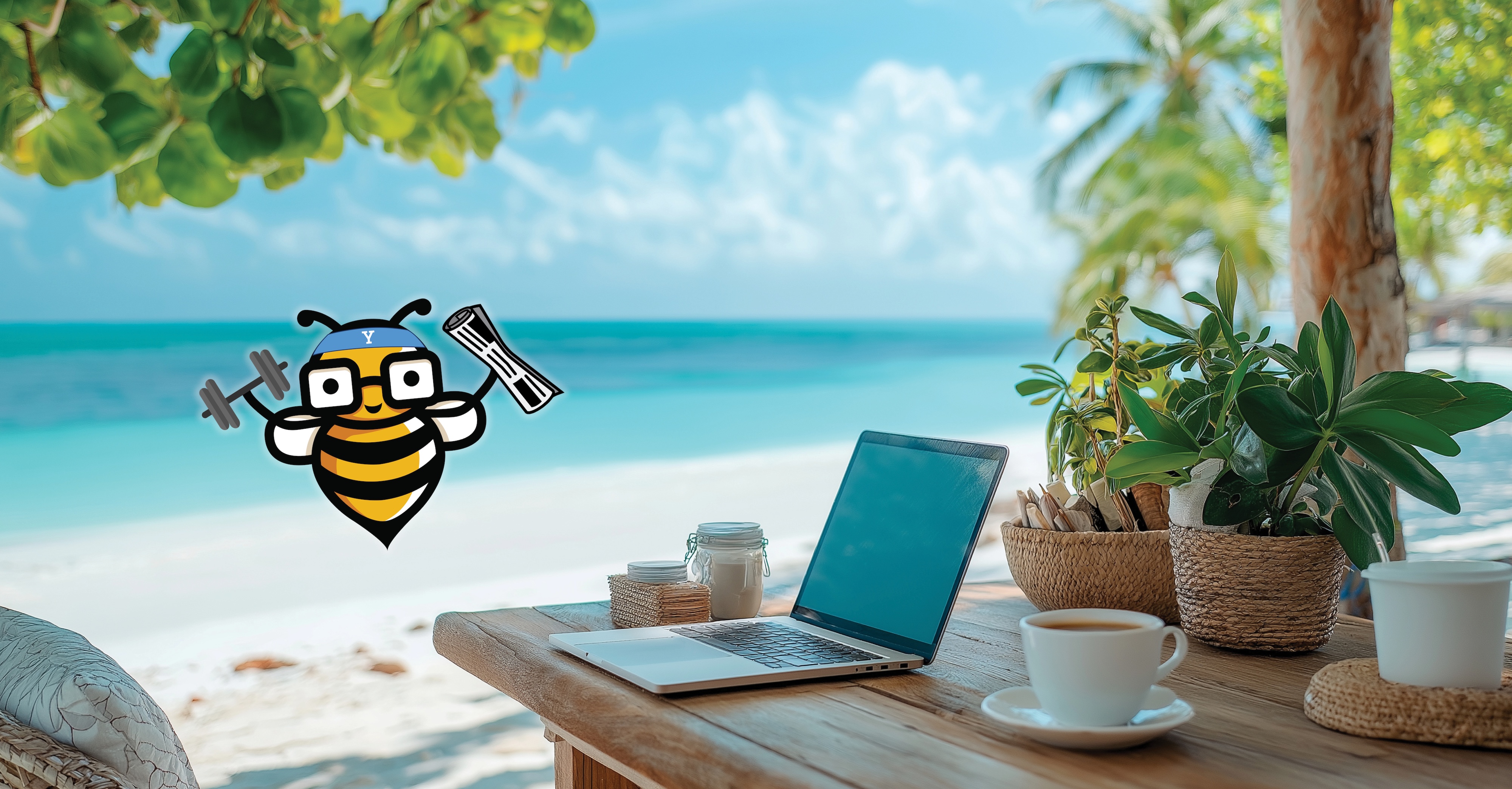 Laptop on table at beach with Bee Cyber Fit bee logo