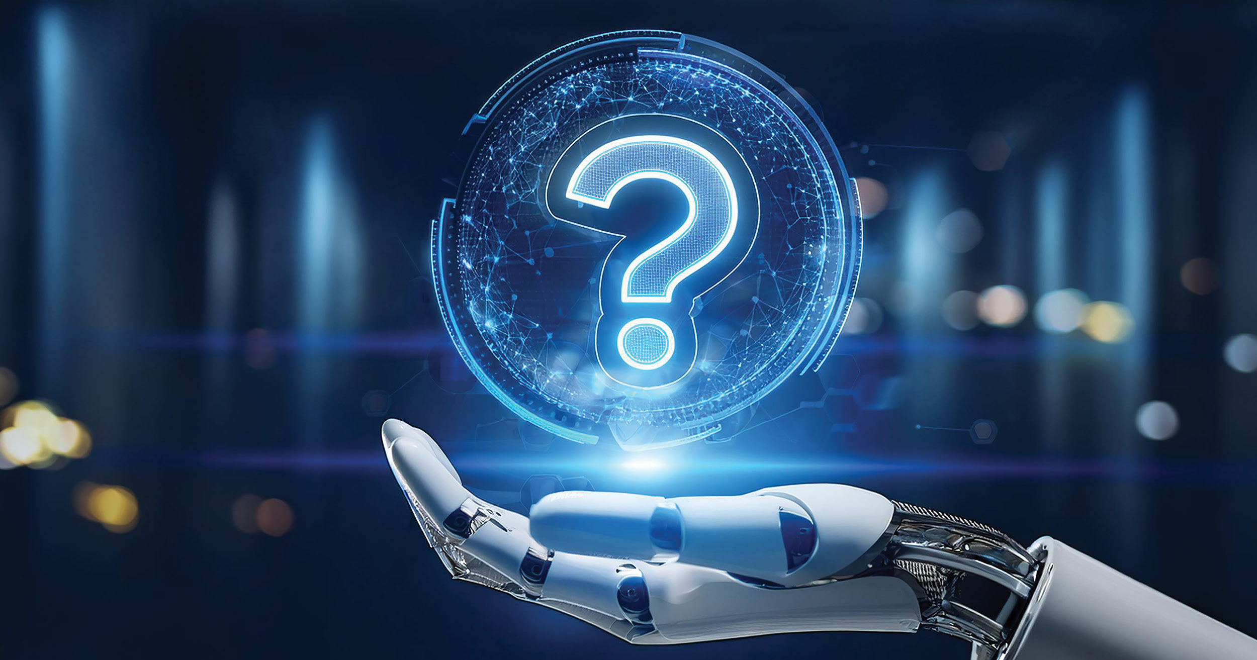Question mark floating above a robot hand