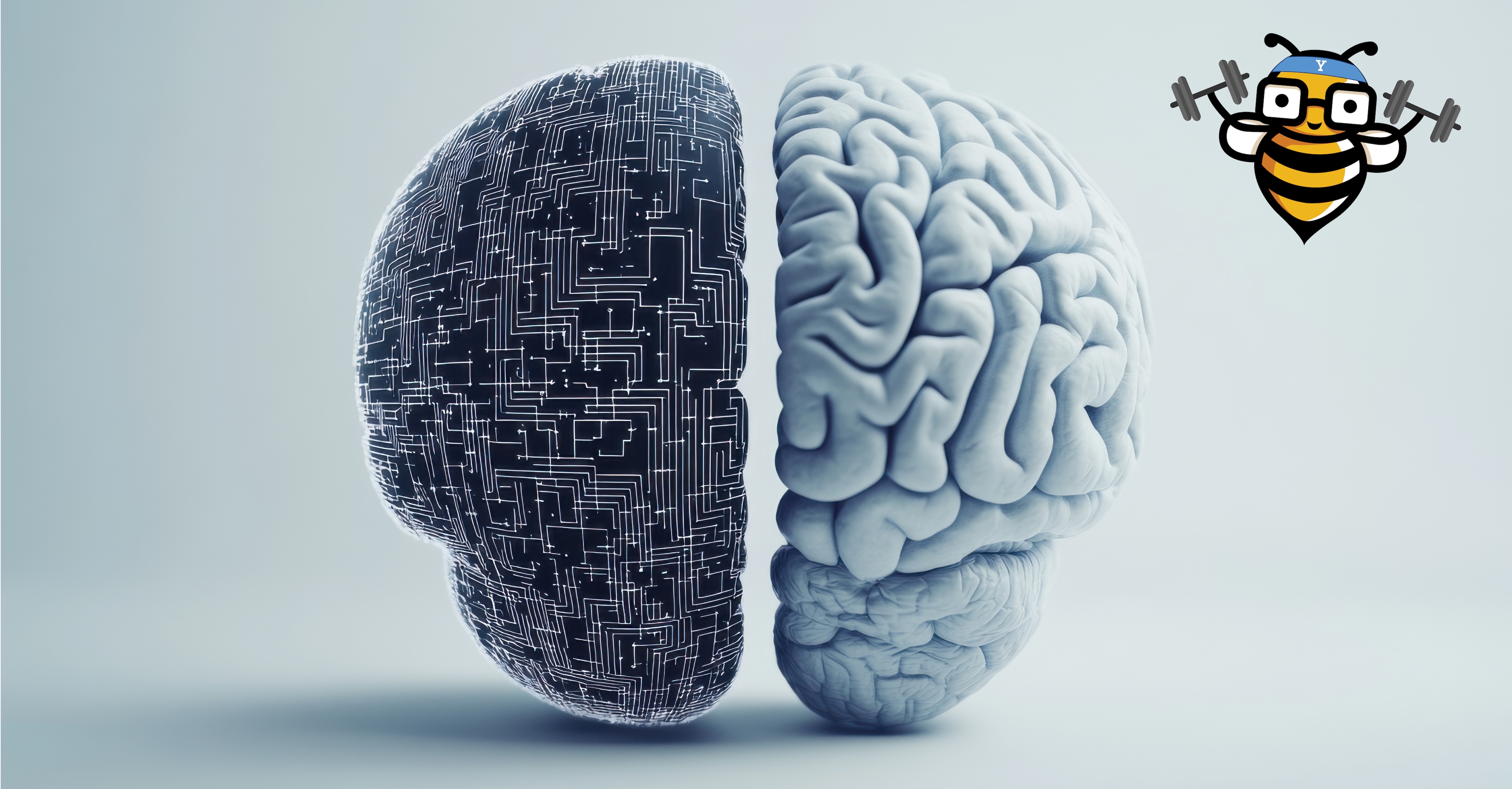 Image of human brain with one side depicted as circuitry