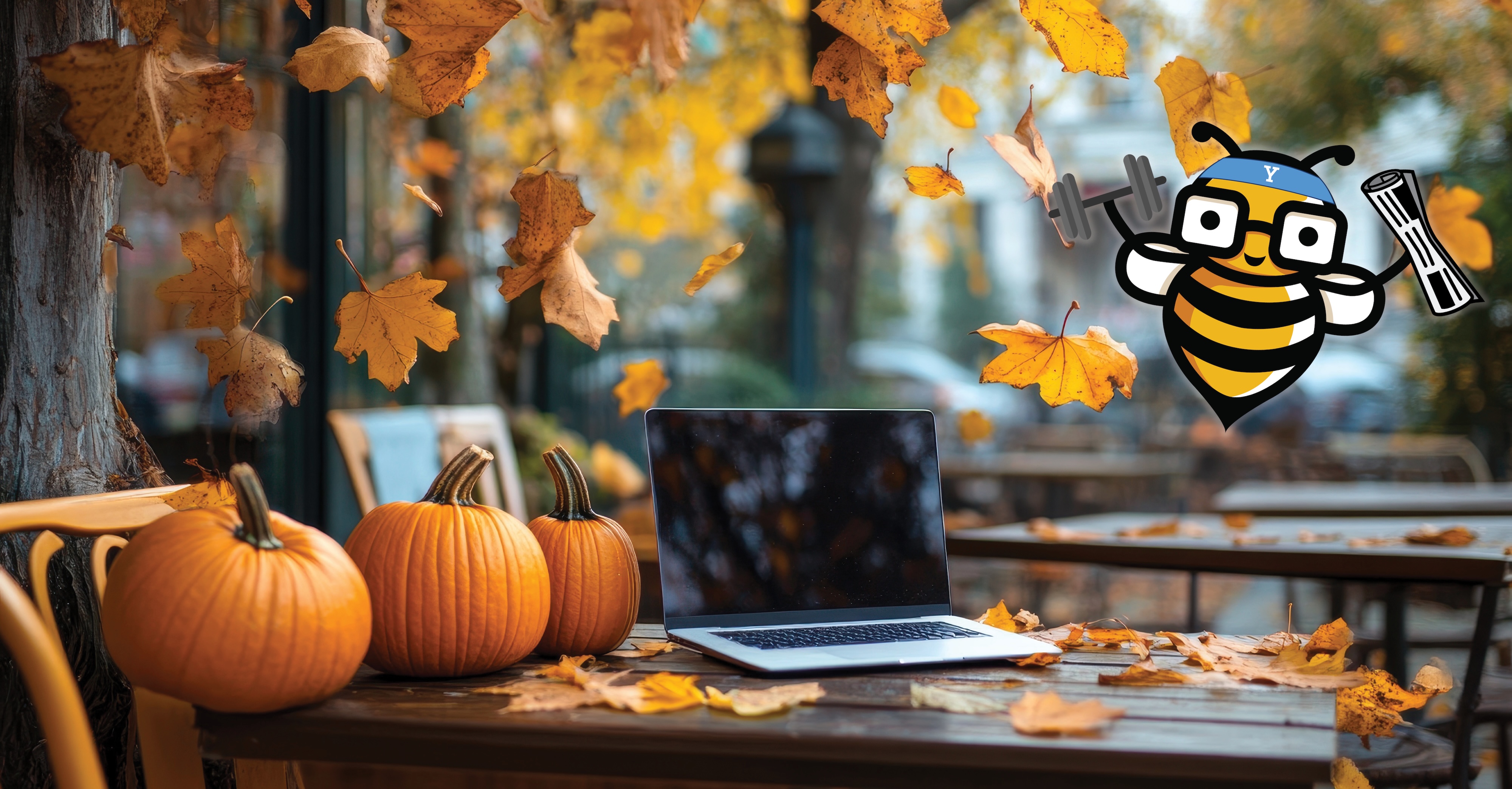 Laptop on a table surrounded by fall foliage, three pumpkins, and the Bee Cyber Fit bee logo