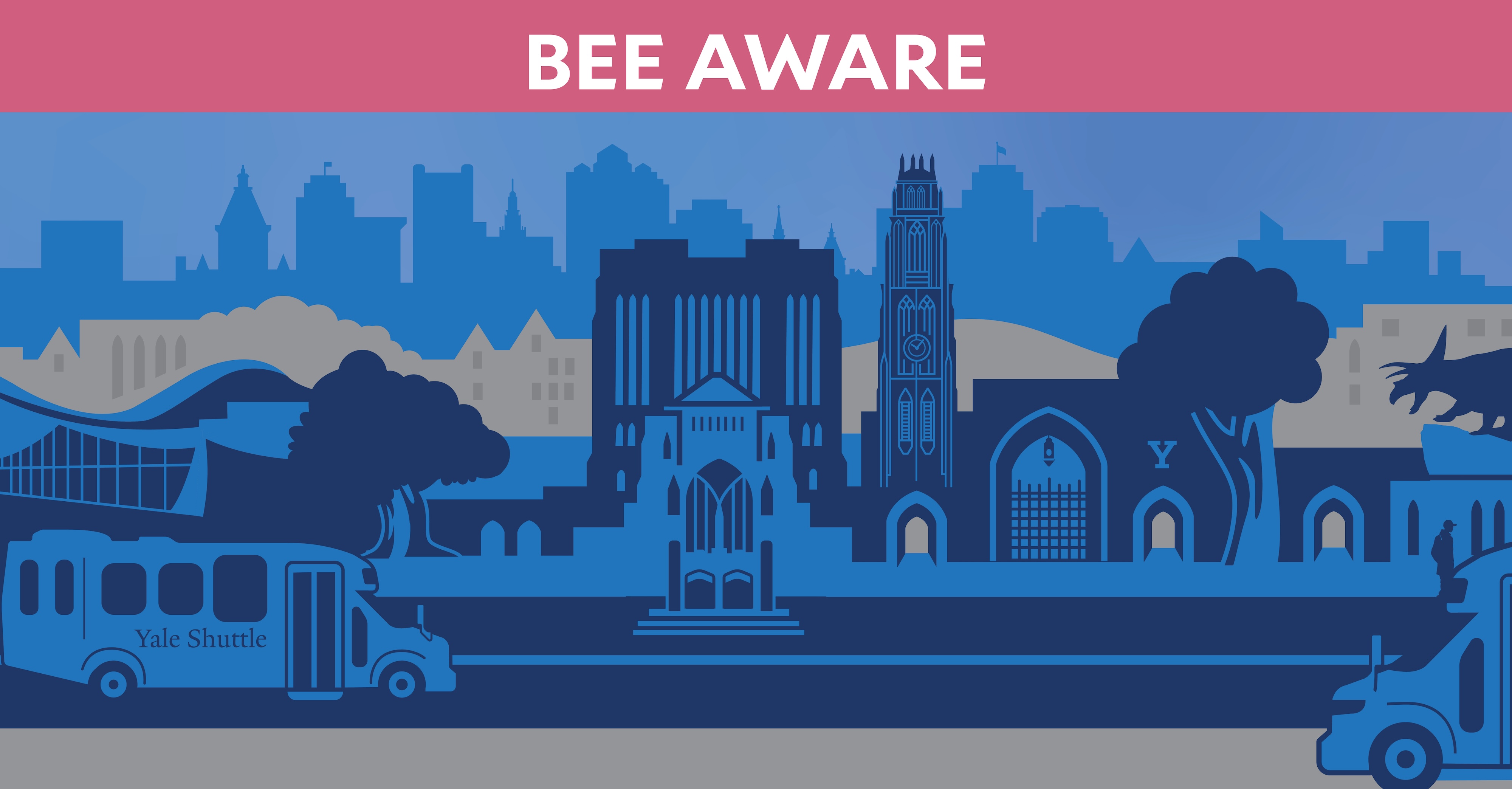 Bee Aware: An illustrated rendition of the Yale and New Haven skyline.