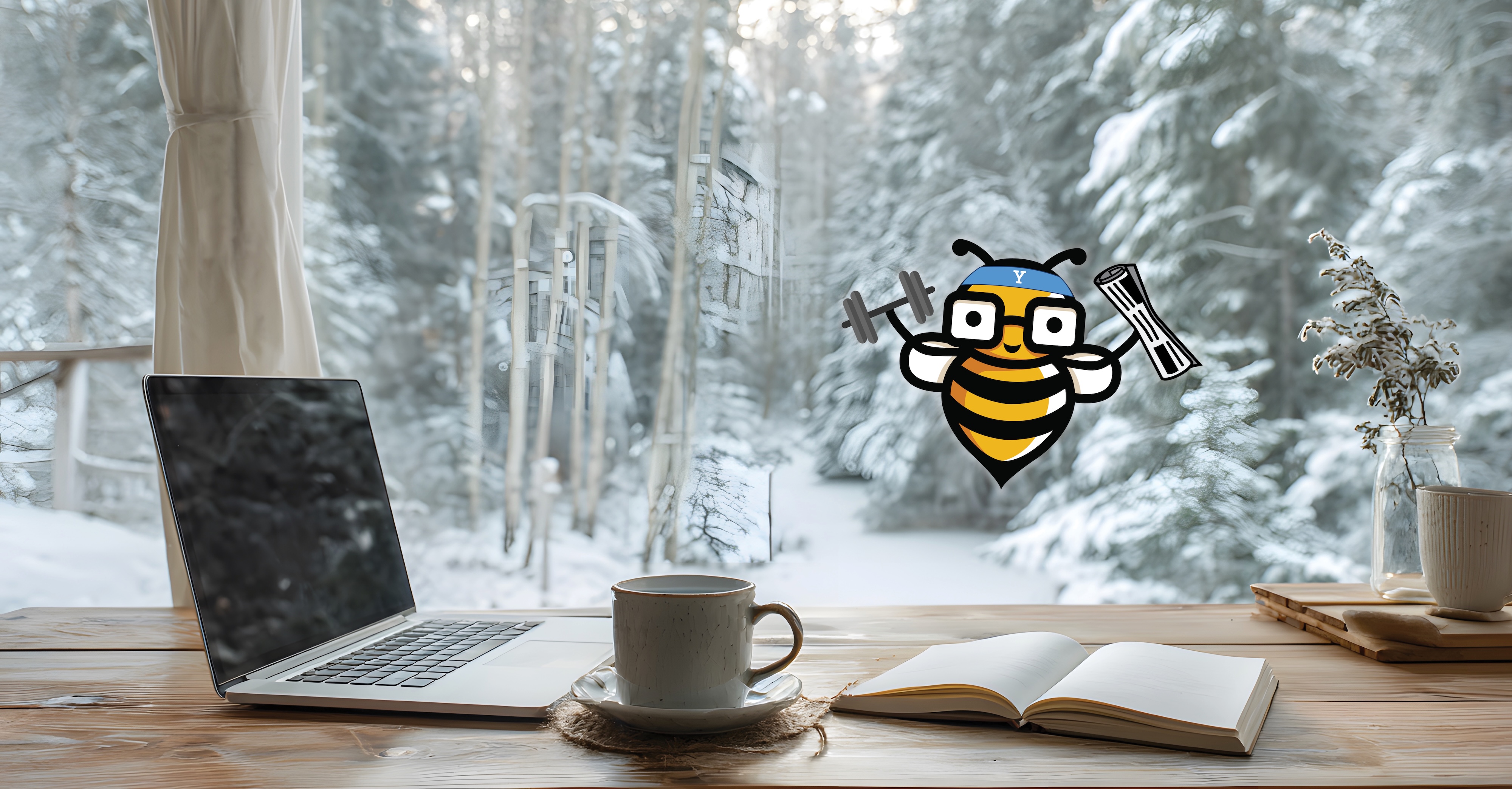 A laptop on a desk surface in from of a window showing a snowy lanscape