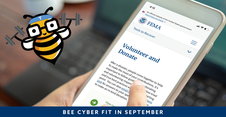 Bee Cyber Fit in September hero: smartphone displaying FEMA webpage