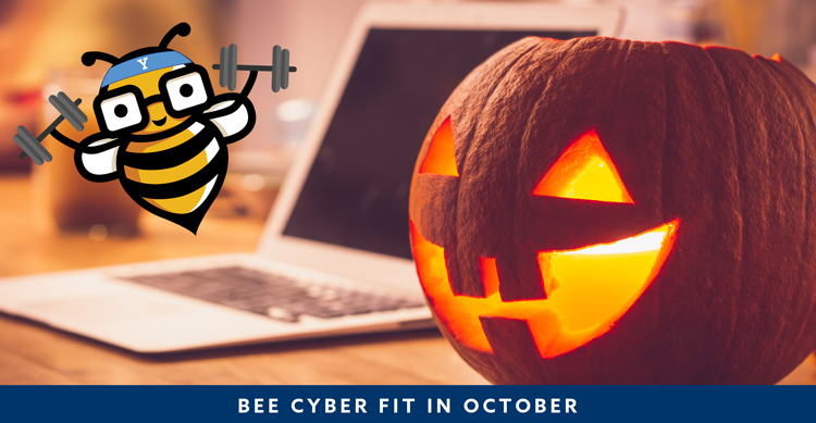 Bee Cyber Fit in October hero: Laptop with jack o'lantern and bee cyber fit bee