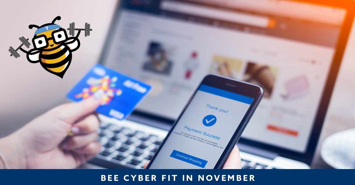 Bee Cyber Fit in November hero: Laptop and smartphone with credit card and bee cyber fit bee