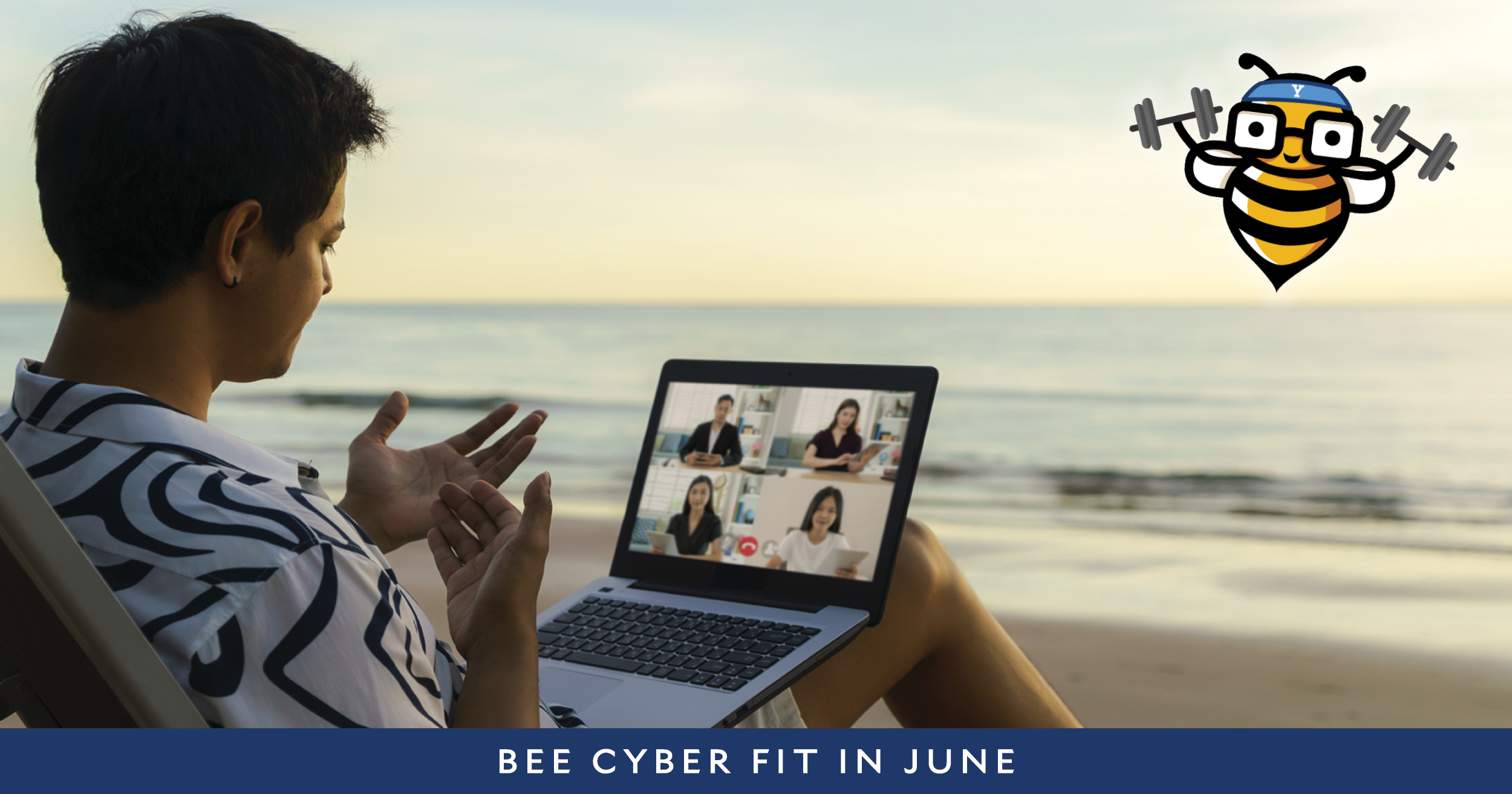 Bee Cyber fit in June: Man sitting on beach with laptop