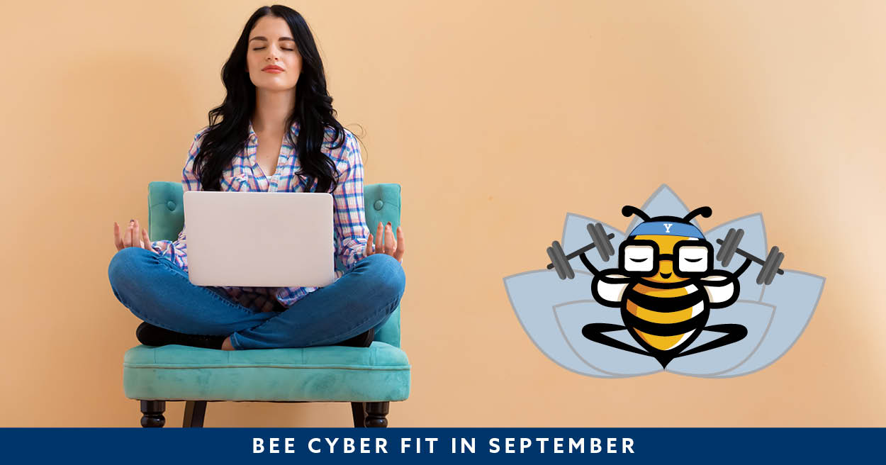 Bee Cyber Fit in September hero: Woman in lotus pose with laptop