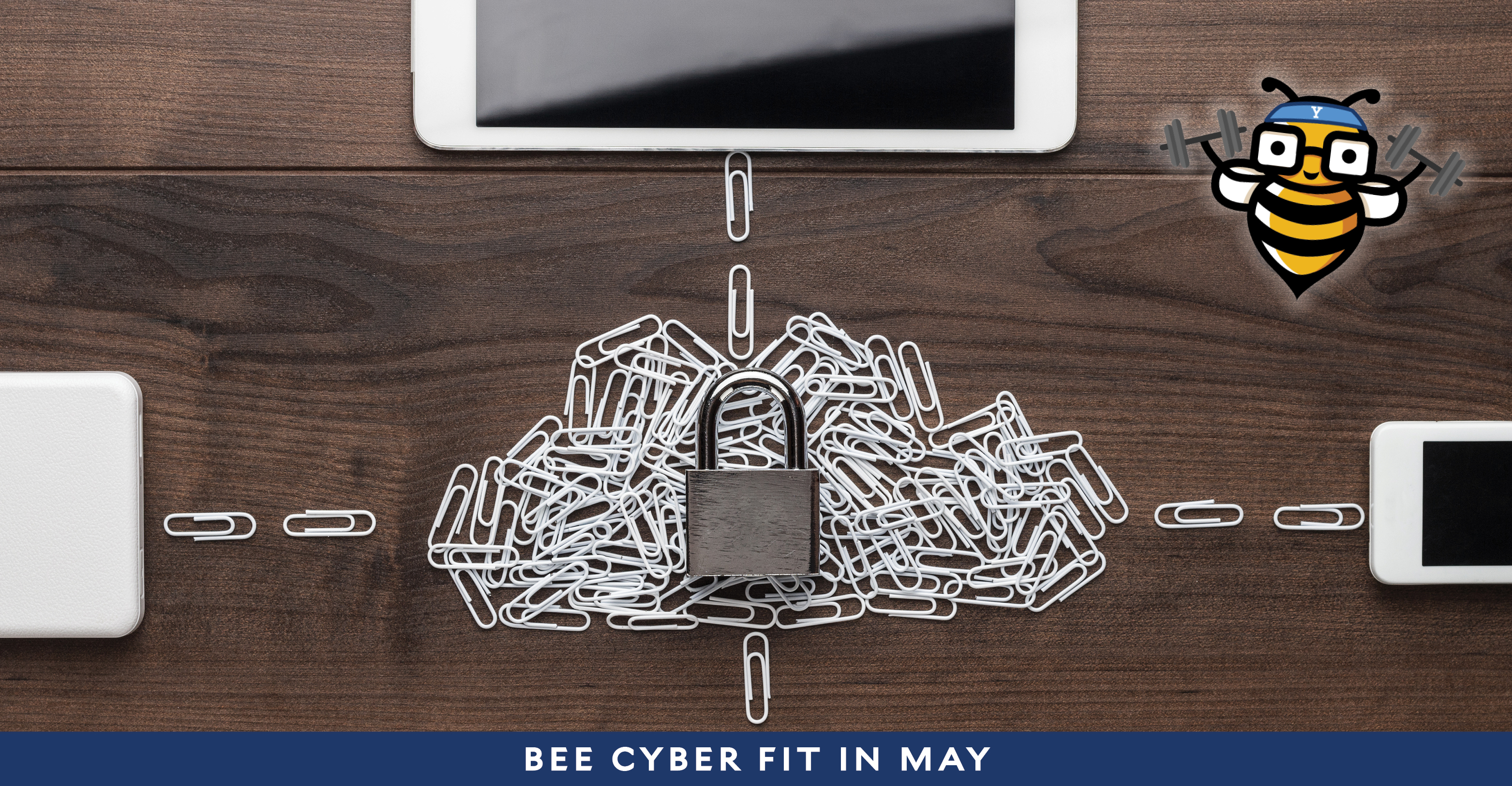 Bee Cyber Fit in May: Smartphone, laptop, and keyboard connected by paper clips with a padlock