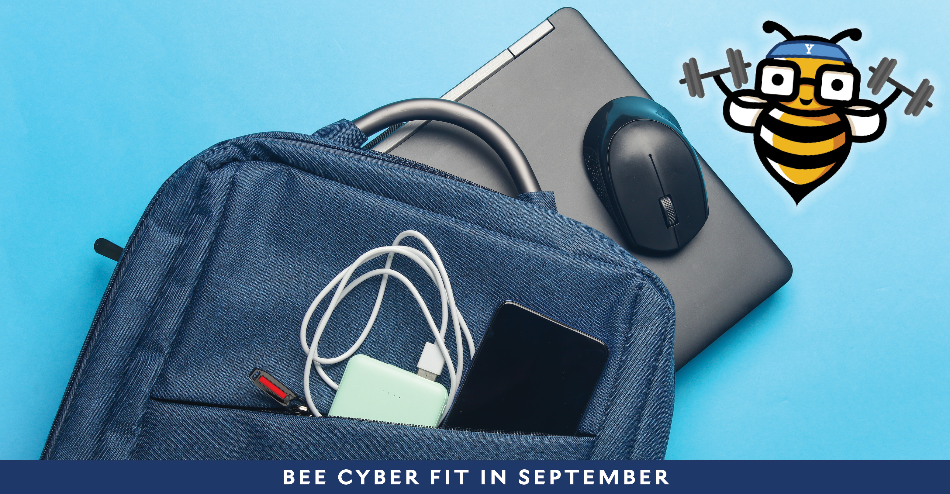 Bee Cyber Fit in September: Backpack and laptop with school supplied and Bee Cyber Fit bee logo