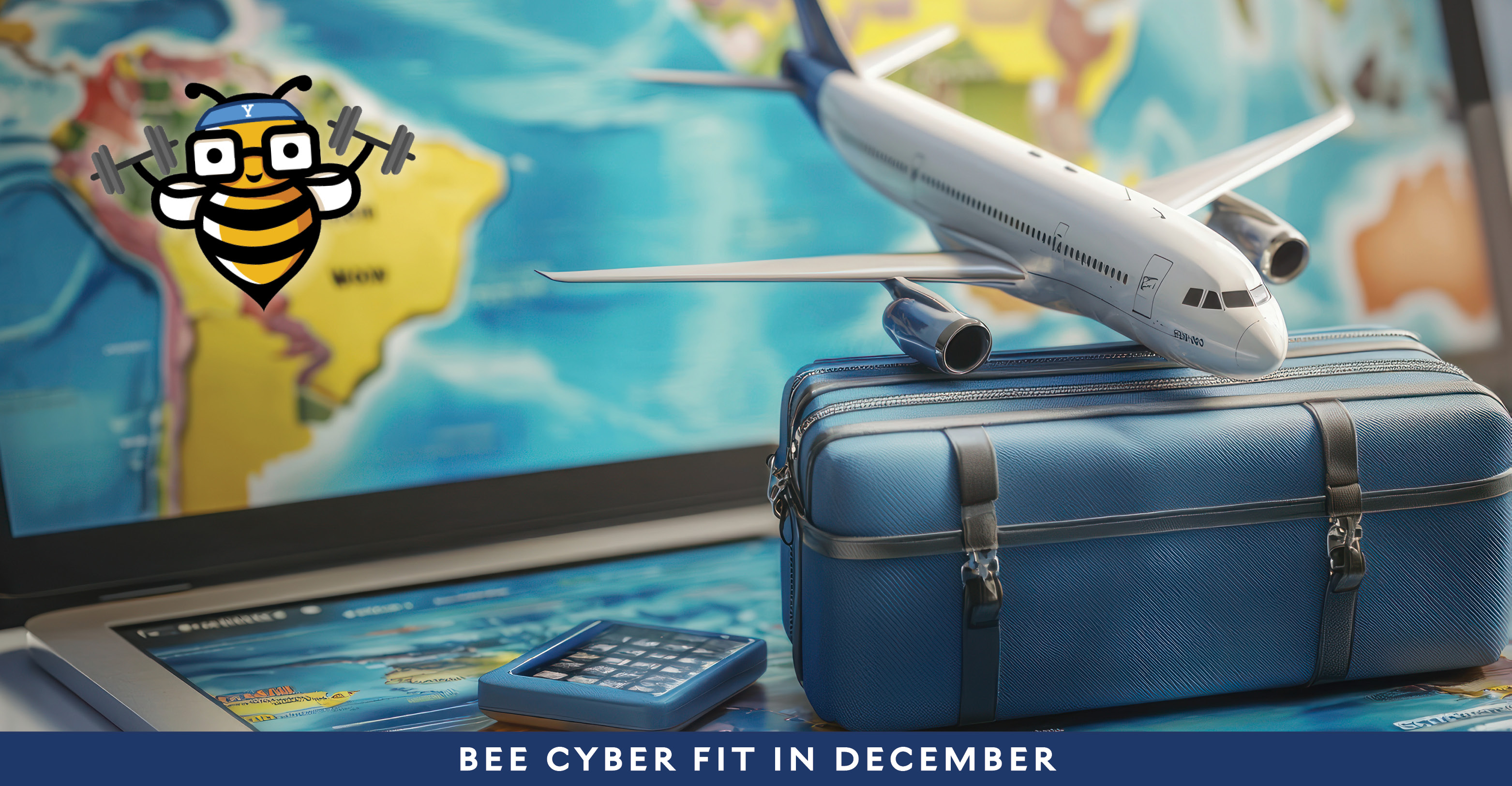 Bee Cyber Fit in December: Miniature suitcase, airplane, and smartphone on a laptop with the Bee Cyber Fit bee logo