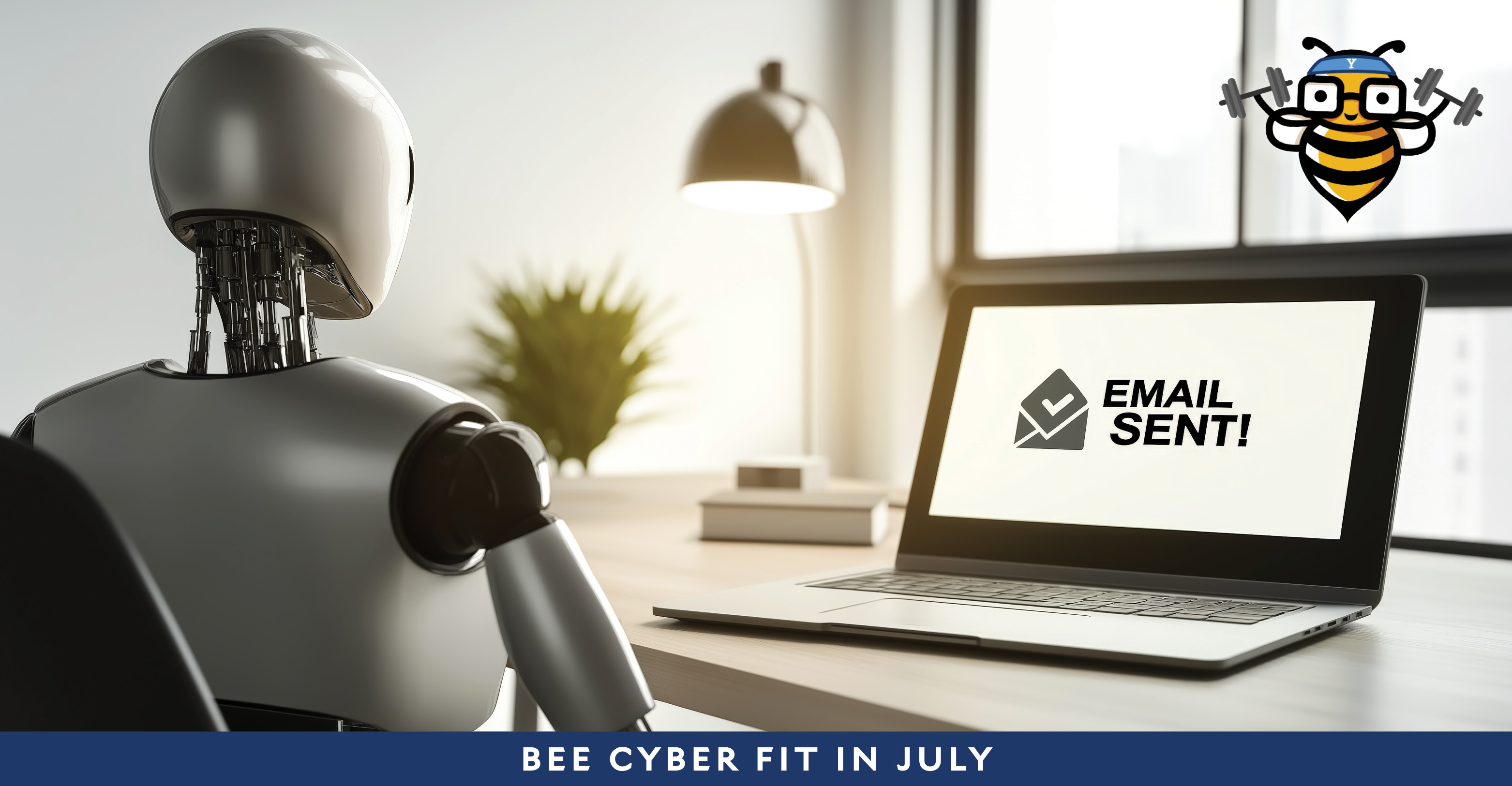 Bee Cyber Fit in July: A robot sitting at a desk with laptop that reads "Email Sent" on screen