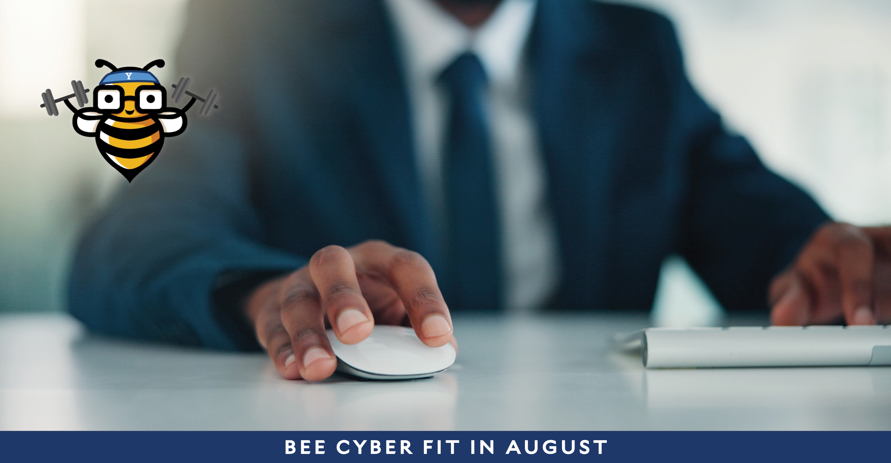 Bee Cyber Fit bee logo and a suited man clicking a mouse button.