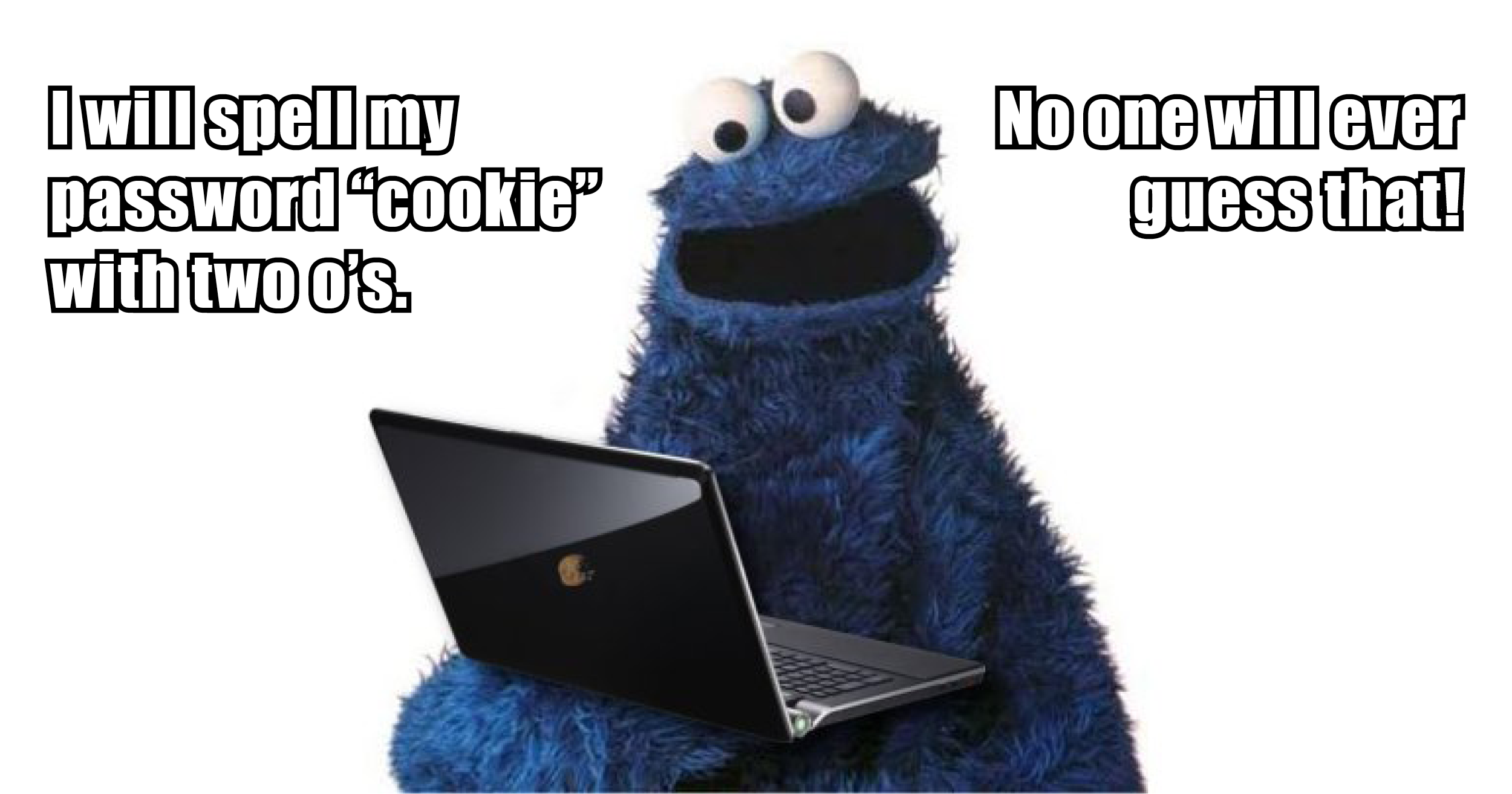 Meme: Cookie Monster with a laptop and the text "I will spell my password "Cookie" with two o's. No one will ever guess that!"