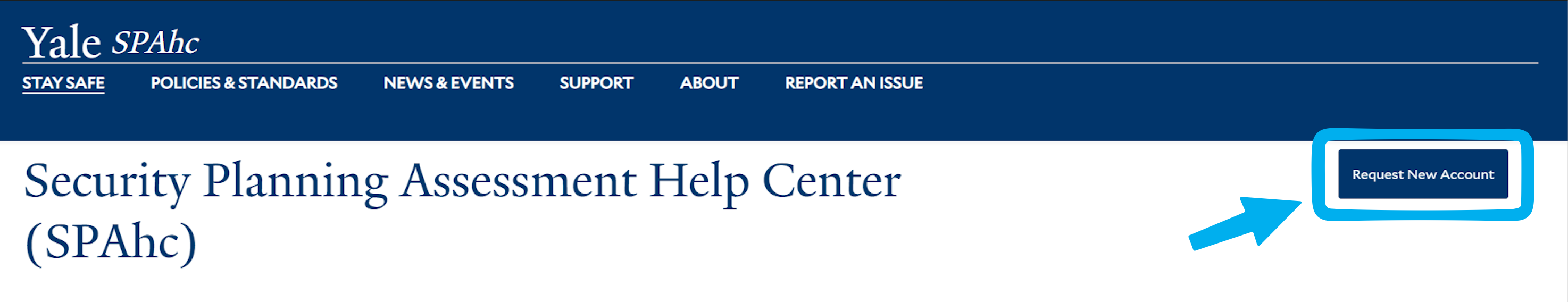 Screenshot of SPAhc homepage highlighting Request New Account button.