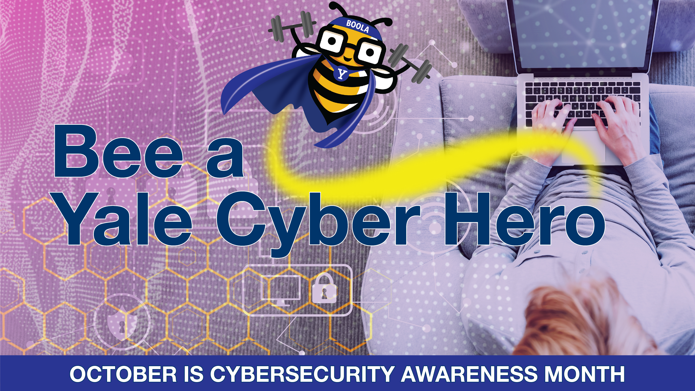 Bee logo with cape and text "Bee a Yale Cyber Hero"