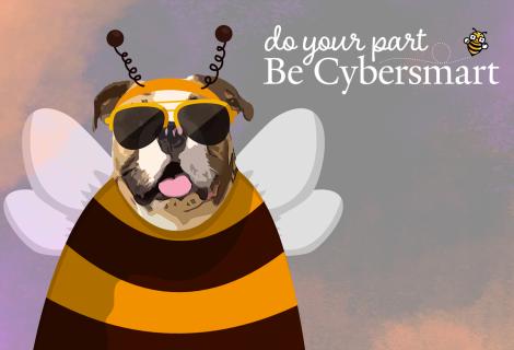 Illustrated picture of a bulldog in a bumble bee costume.