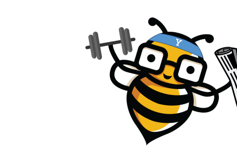 CyberFit bee holding a dumbbell and rolled newspaper