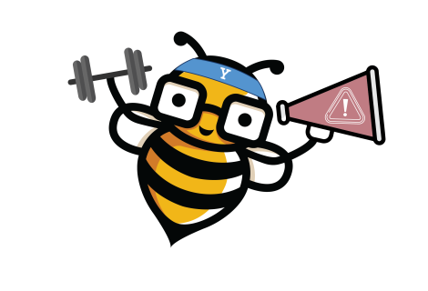 Reporting Bee Logo: Bee Cyber Fit bee holding bullhorn imprinted with the Report an Incident icon